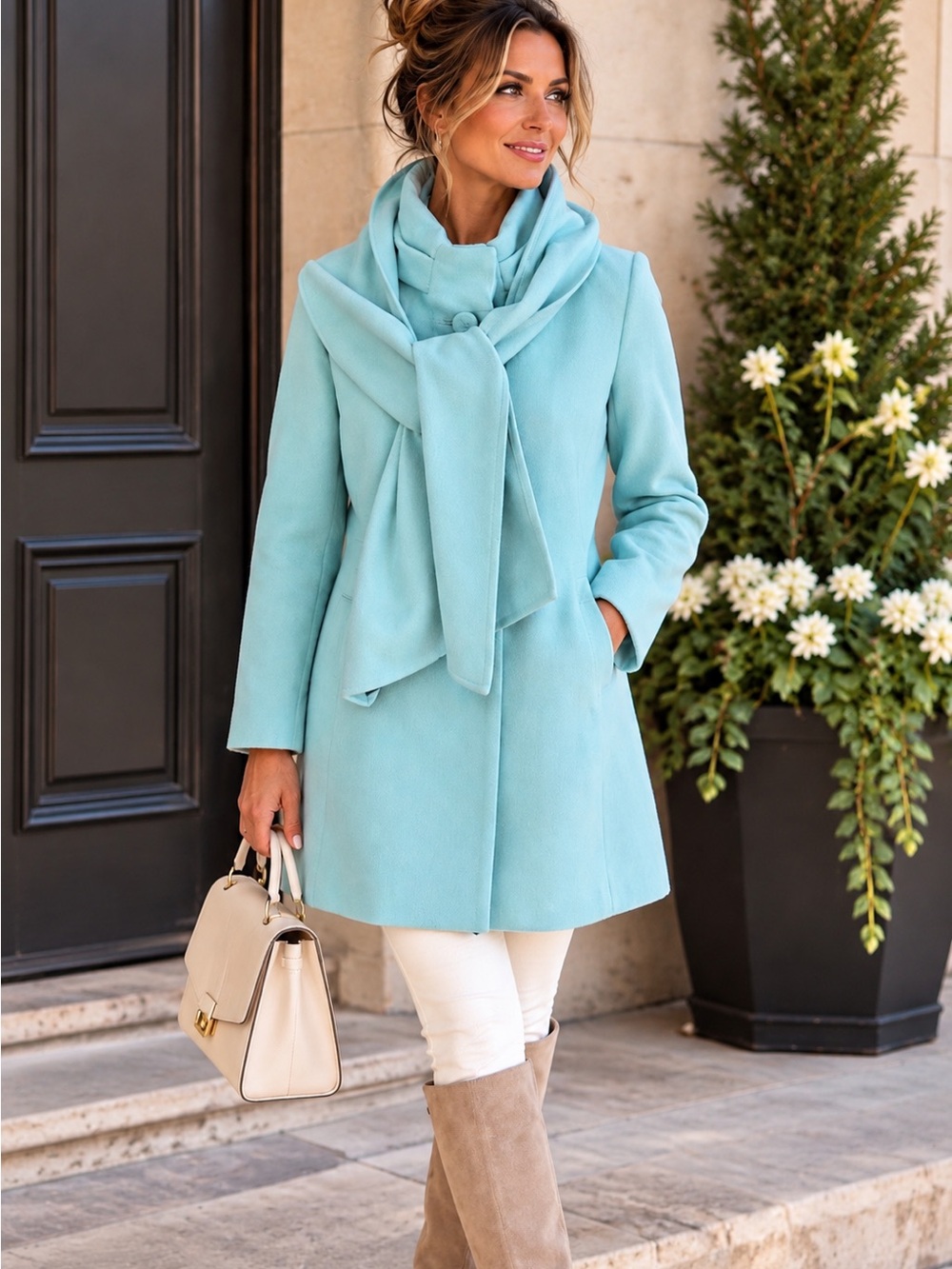 Jessica Aqua Blue Tailored Dress Coat with Matching Scarf Size 6